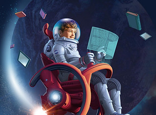 Cartoon picture of a child astronaut reading and flying through space